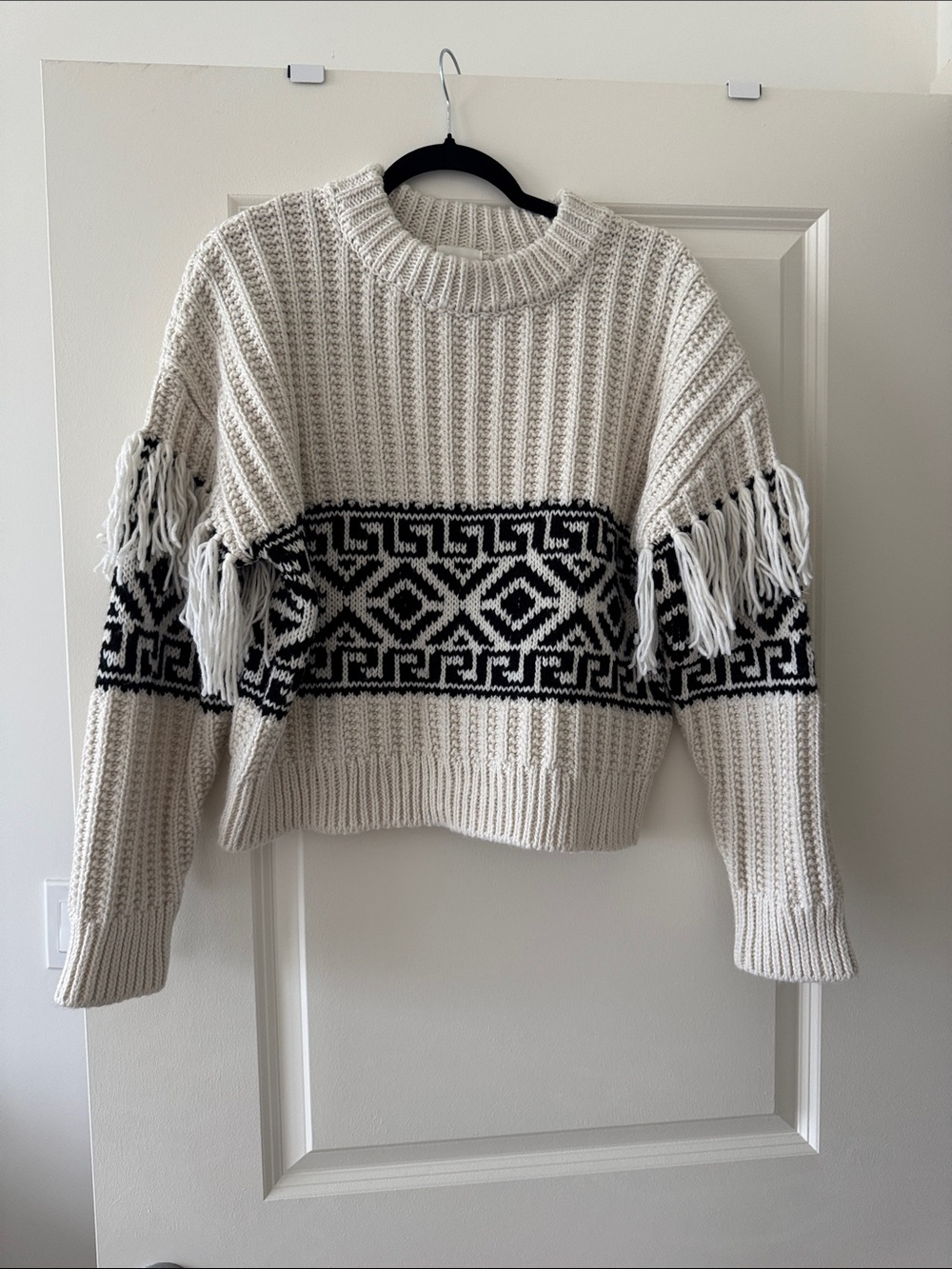 Cropped Women's Cream Fringe Fair Isle Knit Sweater